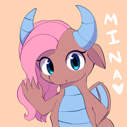 Size: 900x900 | Tagged: safe, artist:joyfulinsanity, idw, mina, dragon, g4, spoiler:comic, chibi, claws, cute, dragon wings, dragoness, fangs, female, horns, minabetes, simple background, smiling, solo, text, waving, wings