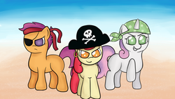 Size: 1920x1080 | Tagged: safe, artist:php26, apple bloom, scootaloo, sweetie belle, g4, beach, cutie mark crusaders, eyepatch, pirate