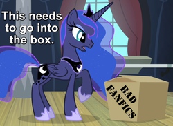 Size: 750x550 | Tagged: safe, edit, edited screencap, screencap, princess luna, alicorn, pony, for whom the sweetie belle toils, g4, box, caption, concave belly, criticism, crown, ethereal mane, ethereal tail, fanfic, female, folded wings, hoof shoes, image macro, jewelry, mare, meta, open mouth, peytral, princess shoes, raised hoof, reaction image, regalia, slender, solo, standing, tail, thin, wings