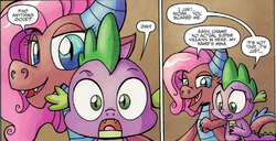 Size: 988x504 | Tagged: safe, idw, screencap, mina, spike, dragon, friends forever #14, g4, my little pony: friends forever, spoiler:comic, dragoness, female, male, speech bubble