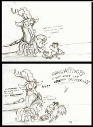 Size: 1208x1652 | Tagged: safe, artist:wahyawolf, discord, fluttershy, bird, parrot, pegasus, pony, g4, aladdin, comic, crackers, crossover, dialogue, female, food, iago, mare, monochrome, pencil drawing, stifling laughter, traditional art, trio