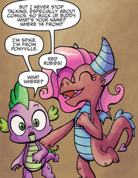 Size: 868x1120 | Tagged: safe, idw, mina, spike, dragon, friends forever #14, g4, my little pony: friends forever, spoiler:comic, dragoness, eyes closed, female, male, speech bubble