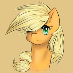 Size: 1000x1000 | Tagged: safe, artist:cocopony1001, applejack, g4, blushing, female, hatless, missing accessory, solo, wink