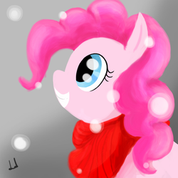 Size: 1000x1000 | Tagged: safe, artist:dogduck, pinkie pie, g4, clothes, female, happy, scarf, smiling, snow, snowfall, solo