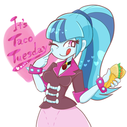Size: 2000x2000 | Tagged: safe, artist:minami_um, sonata dusk, equestria girls, g4, my little pony equestria girls: rainbow rocks, clothes, cute, female, food, high res, one eye closed, pixiv, simple background, skirt, solo, sonatabetes, sonataco, taco, taco tuesday, that girl sure loves tacos, that siren sure does love tacos, tongue out, white background