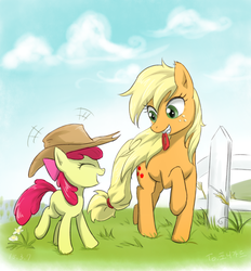 Size: 888x957 | Tagged: safe, artist:ta-na, apple bloom, applejack, earth pony, pony, g4, accessory swap, apple bloom's bow, apple sisters, applejack's hat, bow, cloud, cowboy hat, cute, eyes closed, female, fence, filly, flower, foal, grass, hair bow, hairband, hat, loose hair, mare, mouth hold, open mouth, raised hoof, siblings, sisters, sky, walking