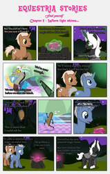 Size: 2429x3824 | Tagged: safe, artist:estories, discord, oc, oc:möbius, draconequus, pony, unicorn, comic:find yourself, g4, comic, crystal, door, glowing, glowing horn, high res, horn, magic, scar, telekinesis