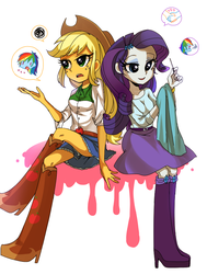 Size: 675x893 | Tagged: safe, artist:weiliy, applejack, rainbow dash, rarity, equestria girls, g4, applejack's hat, boots, clothes, cowboy boots, cowboy hat, discussion, duo, female, hat, pixiv, shoes, skirt