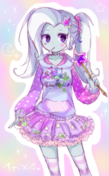 Size: 496x800 | Tagged: safe, artist:weiliy, trixie, equestria girls, g4, alternate hairstyle, clothes, cute, diatrixes, female, hoodie, pigtails, pixiv, skirt, socks, solo, striped socks, wand, zettai ryouiki