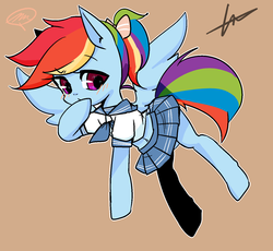 Size: 1391x1279 | Tagged: safe, artist:lessue, rainbow dash, g4, alternate hairstyle, belly button, blushing, bow, clothes, cute, dashabetes, female, hair bow, midriff, miniskirt, pleated skirt, ponytail, school uniform, signature, skirt, solo, speech bubble
