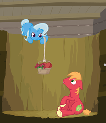 Size: 1957x2263 | Tagged: safe, artist:manateemckenzie, big macintosh, trixie, earth pony, pony, g4, basket, chocolates, duo, kidnapped, male, pit, rose, shipping, silence of the lambs, stallion, straight, trixmac