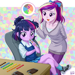 Size: 1000x1000 | Tagged: safe, artist:uotapo, princess cadance, twilight sparkle, human, equestria girls, g4, blue hair, blushing, candy, chair, child, chocolate, clothes, crossed legs, cute, date, equestria girls-ified, eyelashes, female, food, long hair, looking forward, m&m's, multicolored hair, ocd, oliver and company, open mouth, pants, pencil, pink hair, polka dots, ponytail, purple hair, shoes, signature, sitting, skirt, smiling, sneakers, socks, table, teen princess cadance, thinking, twiabetes, uotapo is trying to murder us, yellow hair, younger