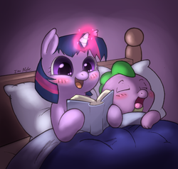 Size: 675x643 | Tagged: safe, artist:i am nude, spike, twilight sparkle, dragon, pony, unicorn, g4, baby, baby dragon, baby spike, bed, blushing, book, cute, eyes closed, female, filly, filly twilight sparkle, glowing horn, horn, magic, male, mama twilight, open mouth, signature, sleeping, smiling, spikabetes, story, twiabetes, unicorn twilight, weapons-grade cute, yawn, younger