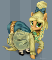 Size: 3300x3800 | Tagged: safe, artist:dirlcutto, applejack, earth pony, pony, g4, clothes, dress, female, hat, high res, mare, puffy sleeves, solo