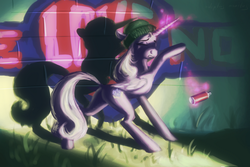 Size: 900x601 | Tagged: safe, artist:adeptus-monitus, princess cadance, g4, blinded by the light, caught, delinquent, graffiti, hat, interrupted, juvenile delinquency, meme, night, thanks m.a. larson, torch, wall