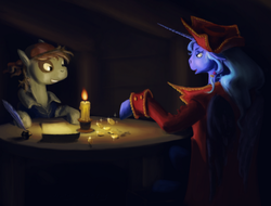 Size: 900x685 | Tagged: safe, artist:adeptus-monitus, pipsqueak, princess luna, g4, bits, candle, coin, contract, female, hat, male, pirate, quill, ship:lunapip, shipping, straight