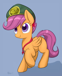 Size: 1111x1346 | Tagged: safe, artist:mcsadat, artist:transgressors-reworks, color edit, edit, scootaloo, pegasus, pony, g4, blue background, colored, cute, cutealoo, female, filly, filly guides, foal, hat, raised hoof, signature, simple background, smiling, solo