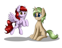 Size: 1000x777 | Tagged: safe, artist:zantyarz, oc, oc only, pegasus, pony, unicorn, duo, female, flying, male, mare, sitting, stallion