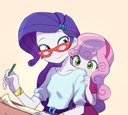 Size: 504x453 | Tagged: dead source, safe, artist:baekgup, rarity, sweetie belle, equestria girls, g4, clothes, cute, diasweetes, duo, female, glasses, meganekko, shirt, simple background, sisters, smiling, white background