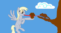 Size: 1373x743 | Tagged: safe, artist:tay-houby, derpy hooves, chameleon, pegasus, pony, g4, derp, female, flying, food, mare, muffin, pet, solo, tongue out