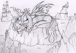 Size: 3175x2233 | Tagged: safe, artist:dgcdvaras, queen chrysalis, changeling, changeling queen, g4, candle, cave, crown, eyes closed, female, high res, jewelry, monochrome, prone, regalia, rock, sketch, sleeping, solo