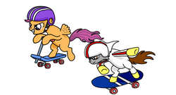 Size: 1374x742 | Tagged: safe, artist:tay-houby, scootaloo, pegasus, pony, g4, crossover, duo, kick buttowski, kick buttowski suburban daredevil, ponified, race, racer, racing, scooter, skateboard