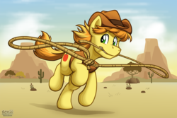 Size: 1117x745 | Tagged: safe, artist:bcpony, braeburn, earth pony, pony, g4, cactus, clothes, hat, hooves, lasso, male, mouth hold, rope, solo, stallion, tree