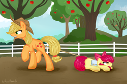 Size: 1024x678 | Tagged: safe, artist:l-luna, apple bloom, applejack, g4, dragging, rope, saddle bag, sisters, sweet apple acres