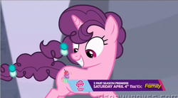 Size: 700x387 | Tagged: safe, screencap, sugar belle, pony, unicorn, g4, season 5, the cutie map, discovery family, discovery family logo, female, grin, horn, logo, looking back, my little pony logo, smiling, solo, squee