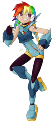 Size: 688x1571 | Tagged: safe, artist:zeromidnight, rainbow dash, human, g4, alternative cutie mark placement, boots, bracelet, clothes, colored pupils, crossover, cutie mark, cutie mark on human, cutie mark tattoo, female, gloves, humanized, jewelry, mega man (series), megaman zero, multicolored hair, png, rainbow hair, reploid, shoes, shoulder cutie mark, simple background, solo, tattoo, transparent background, vector