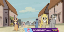 Size: 844x431 | Tagged: safe, screencap, bacon braids, barren hymn, blueberry frosting, glitter shine, ivy vine, log jam, moon dust, moonstone (g4), offbeat, pepperjack, sunny song, tornado bolt, wheat tortillas, white marble, earth pony, pegasus, pony, unicorn, g4, season 5, the cutie map, animated, butt, community, creepy, creepy smile, crying inside, cult, egalitarianism, equal cutie mark, equalized, equalized mane, fake smile, female, filly, foal, forced smile, hair bun, male, mare, market, obscured face, our town, pigtails, plot, smiling, spread wings, stallion, town, twintails, walking, wide smile, wings