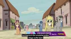 Size: 1257x692 | Tagged: safe, screencap, amethyst skim, bacon braids, barren hymn, log jam, offbeat, sugar belle, sunny song, earth pony, pony, unicorn, g4, the cutie map, creepy, creepy smile, cult, equal cutie mark, equalized, equalized mane, fake smile, female, forced smile, male, mare, meme, misspelling, our town, pigtails, smiling, stallion, twintails, walking, wide smile, youtube caption