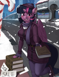 Size: 3478x4500 | Tagged: safe, artist:kevinsano, twilight sparkle, anthro, unguligrade anthro, g4, blushing, book, breasts, busty twilight sparkle, clothes, cute, female, fingerless gloves, gloves, hat, heart eyes, high res, looking at you, open mouth, photoshop, raised leg, scarf, smiling, snow, snow date, snowfall, socks, solo, stockings, thigh highs, twilight sparkle (alicorn), wingding eyes, winter