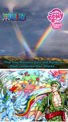 Size: 540x957 | Tagged: safe, artist:irie-mangastudios, edit, rainbow dash, g4, crossover, logo, one piece, rainbow, roronoa zoro, tornado