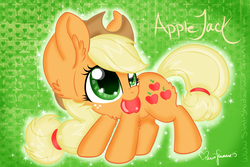 Size: 1500x1000 | Tagged: safe, artist:pvrii, applejack, g4, apple, cute, female, fluffy, heart, jackabetes, mouth hold, solo