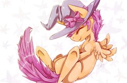 Size: 1190x783 | Tagged: dead source, safe, artist:inky-pinkie, scootaloo, pony, g4, eyes closed, female, hat, simple background, smiling, solo, white background, witch, witch hat