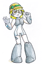 Size: 641x943 | Tagged: safe, artist:zeromidnight, derpy hooves, human, g4, crossover, female, humanized, mega man (series), metool, solo