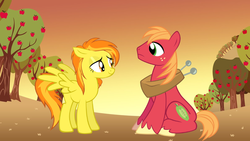 Size: 1192x670 | Tagged: safe, big macintosh, spitfire, earth pony, pegasus, pony, g4, bedroom eyes, crack shipping, female, macinfire, male, mare, shipping, sitting, spread wings, stallion, straight, sunset, unshorn fetlocks, wings