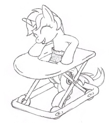 Size: 800x900 | Tagged: safe, artist:datspaniard, lyra heartstrings, g4, adult foal, baby walker, crinkle, diaper, female, monochrome, non-baby in diaper, solo