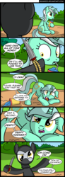 Size: 800x2175 | Tagged: dead source, safe, artist:veggie55, derpy hooves, lyra heartstrings, pegasus, pony, unicorn, g4, comic, female, knife, mare, mugging, rope