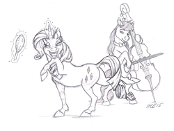 Size: 1184x895 | Tagged: safe, artist:carnivorouscaribou, octavia melody, rarity, g4, cello, magic, mirror, monochrome, musical instrument, opera, singing, sketch