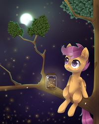 Size: 1024x1280 | Tagged: safe, artist:nayra-the-wolf, scootaloo, firefly (insect), insect, pegasus, pony, g4, blank flank, bottle, chest fluff, cute, cutealoo, ear fluff, female, filly, foal, folded wings, full moon, jar, looking up, moon, night, night sky, reflection, sitting, sky, smiling, solo, stars, tree, tree branch, wings