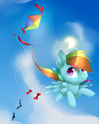Size: 1024x1280 | Tagged: safe, artist:nayra-the-wolf, rainbow dash, bird, g4, female, flying, kite, kite flying, solo