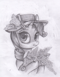 Size: 1028x1309 | Tagged: safe, artist:nayra-the-wolf, rarity, g4, female, hat, monochrome, plant, solo