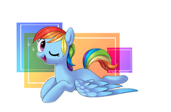 Size: 1024x672 | Tagged: safe, artist:andromedaelric777777, artist:ketticat55, rainbow dash, pegasus, pony, g4, abstract background, blank flank, female, lying down, one eye closed, open mouth, open smile, prone, smiling, solo