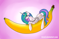Size: 4504x2992 | Tagged: safe, artist:gree3, princess celestia, g4, banana, female, gradient background, prone, solo, tongue out, wing fluff