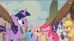 Size: 855x471 | Tagged: safe, screencap, applejack, fluttershy, pinkie pie, rainbow dash, rarity, twilight sparkle, alicorn, earth pony, pegasus, pony, unicorn, g4, season 5, the cutie map, applejack's hat, confused, cowboy hat, discovery family, discovery family logo, displeased, female, folded wings, freckles, frown, glare, hair flip, logo, mane six, mare, multicolored mane, narrowed eyes, our town, pinkie pie is not amused, ponytail, raised eyebrow, stetson, twilight sparkle (alicorn), unamused, when she doesn't smile