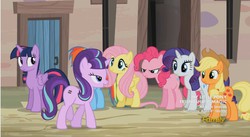 Size: 855x469 | Tagged: safe, screencap, applejack, fluttershy, pinkie pie, rainbow dash, rarity, starlight glimmer, twilight sparkle, alicorn, earth pony, pegasus, pony, unicorn, g4, season 5, the cutie map, discovery family, discovery family logo, equal cutie mark, female, horn, logo, mane six, mare, s5 starlight, twilight sparkle (alicorn), when she doesn't smile