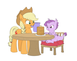 Size: 1138x900 | Tagged: safe, artist:carnifex, applejack, oc, oc:lavender, dracony, hybrid, g4, :o, chair, cute, eyes on the prize, interspecies offspring, jackabetes, lavandorable, mouth hold, offspring, pancakes, parent:rarity, parent:spike, parents:sparity, simple background, sitting, smiling, sparkles, transparent background