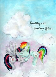 Size: 6120x8423 | Tagged: safe, artist:winterontherooftop, rainbow dash, twilight sparkle, alicorn, pony, g4, absurd resolution, cloud, cloudy, fanfic art, fanfic cover, female, flying, lesbian, mare, ship:twidash, shipping, twilight sparkle (alicorn)